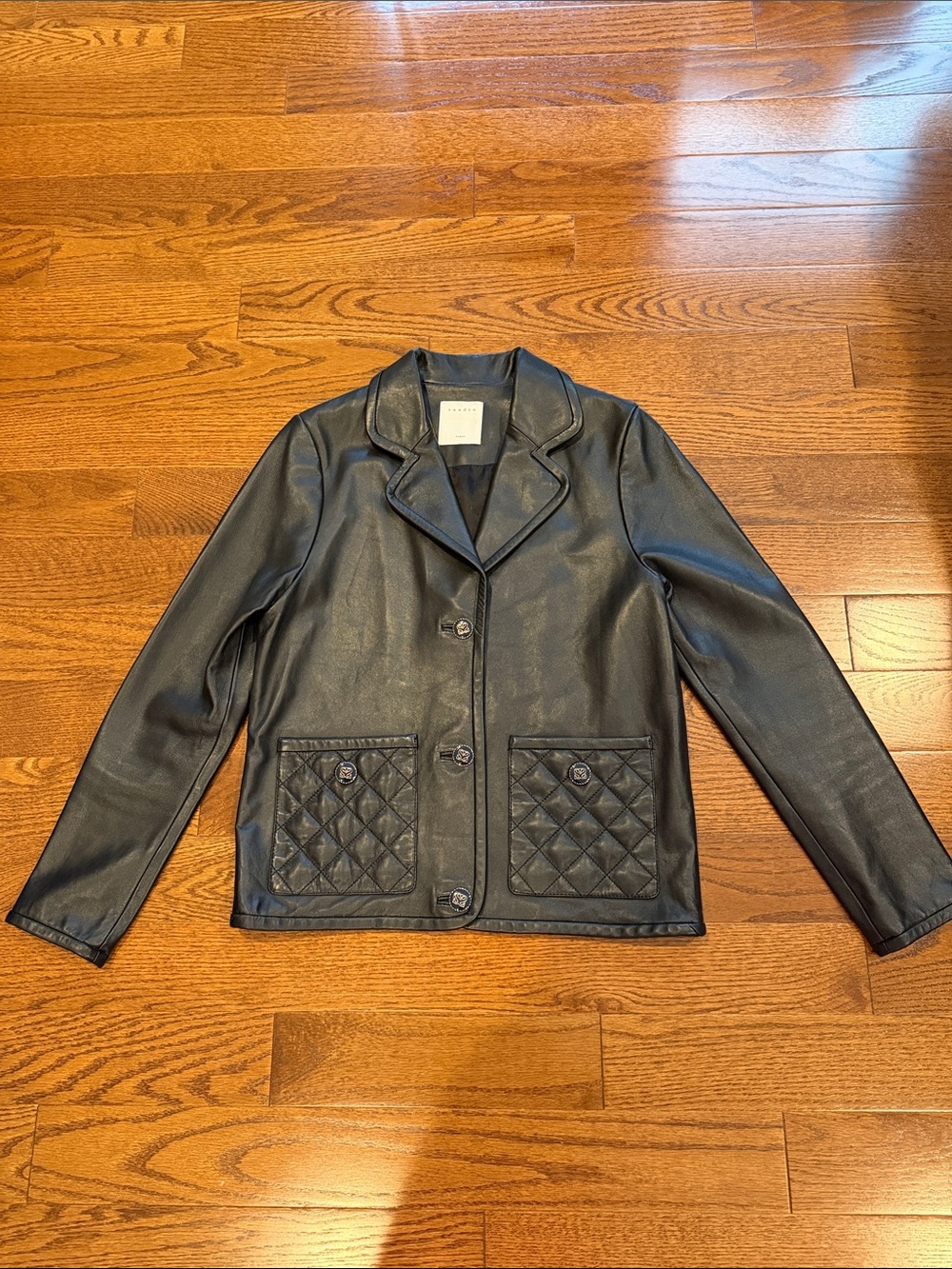 Sandro Paris Black Leather Button-Front Jacket with Quilted Pockets